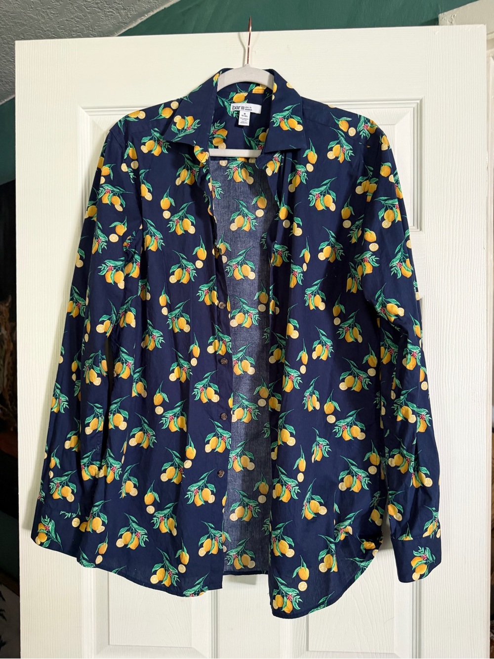 Bar III Navy Blue Dress slim fit Shirt with Yellow Fruit Print